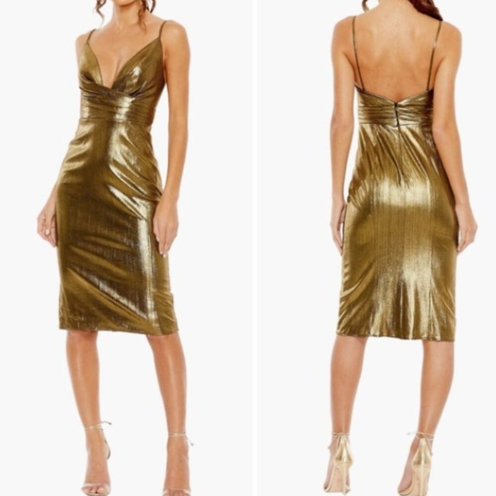 IEENA for Mac Duggal Metallic Midi Cocktail Dress in Gold and Black Size 6 EUC